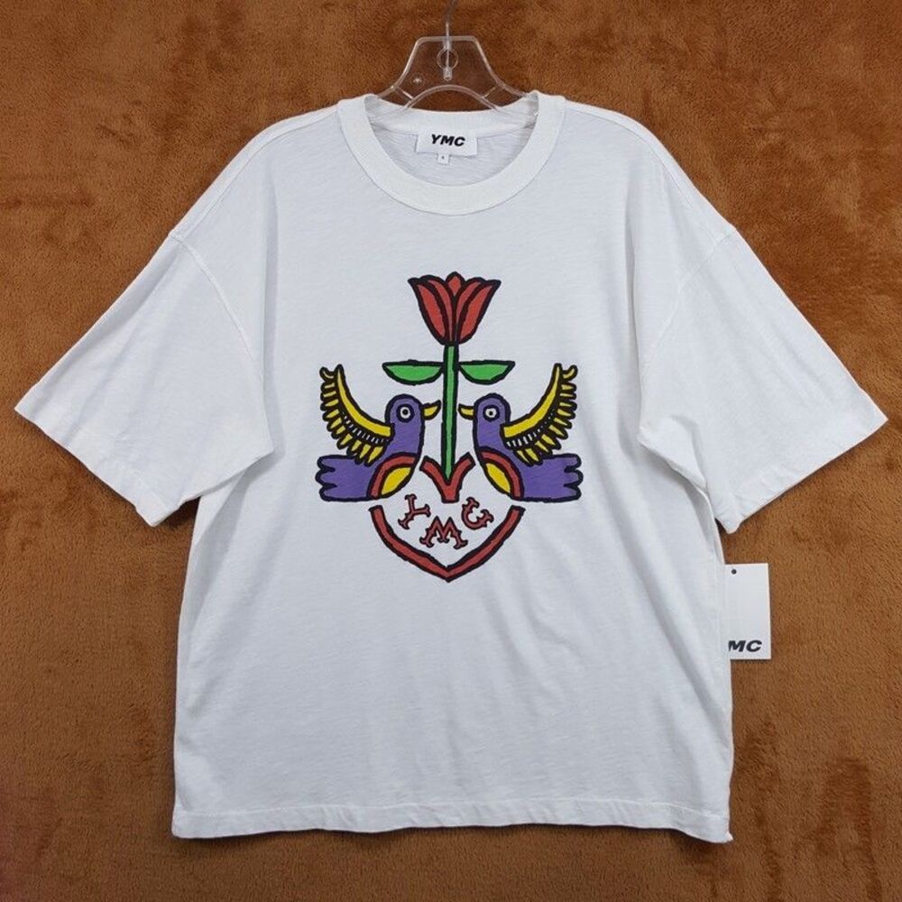 YMC Shirt Mens Medium Off White Pullover Crew Cotton Slub Triple Tattoo Tee $135